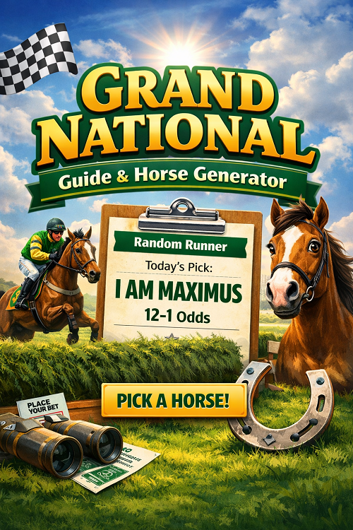 Grand National horse racing guide banner with random horse generator and jockey jumping fence
