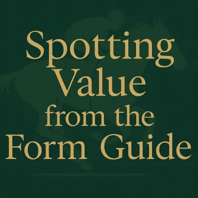 Gold text reading “Spotting Value from the Form Guide” on a dark green background with a faint horse and jockey silhouette, representing strategic horse racing analysis.