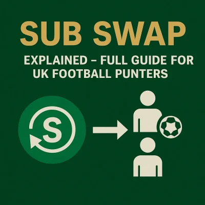 Sub Swap feature graphic showing substitution icon and player swap symbols on a green and gold background.