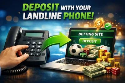 Landline telephone making a deposit on an online betting site shown on a laptop screen
