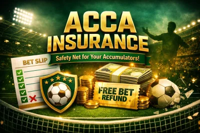 Acca insurance football betting promotion with betting slip, free bet refund voucher and stadium background in green and gold