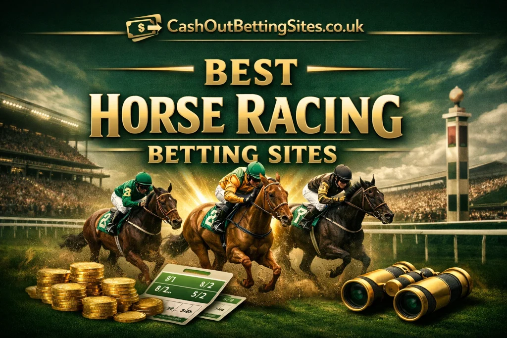 Best Horse Racing Betting Sites UK – Top Racing Bookmakers Best horse racing betting sites UK banner with jockeys racing and betting slip graphics