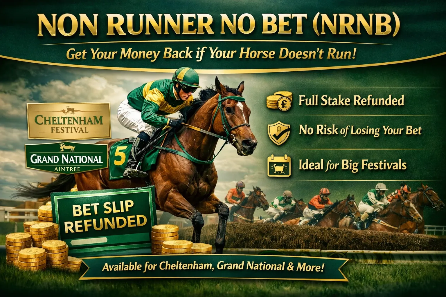 Non runner no bet horse racing promotion showing jockey and betting refund concept