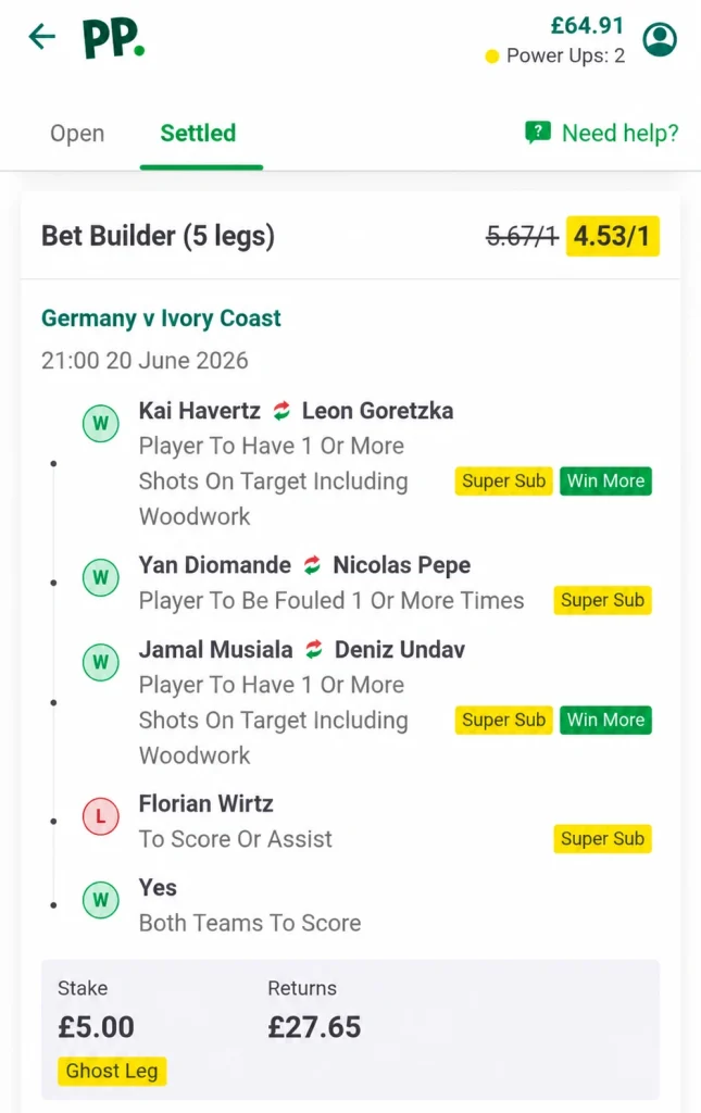 Paddy Power Ghost Leg example showing a five-leg Bet Builder where one selection loses, the odds are recalculated from 5.67/1 to 4.53/1, and a £5 stake returns £27.65.